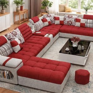 ShineYour Royal Comfort U-Shape Luxury Fabric Sofa Set with Storage & Ottoman – Modern Living Room Furniture (7 Seater)