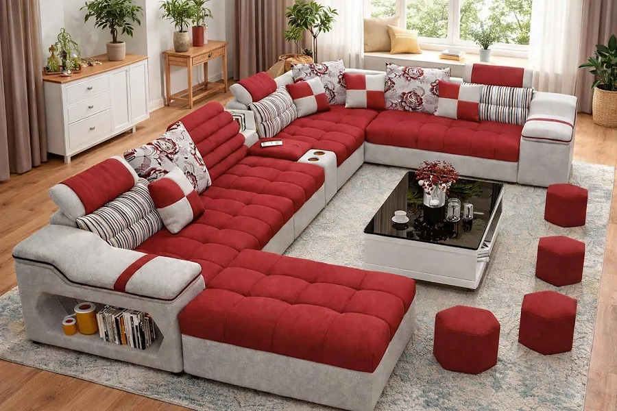 ShineYour Royal Comfort U-Shape Luxury Fabric Sofa Set with Storage & Ottoman – Modern Living Room Furniture (7 Seater)